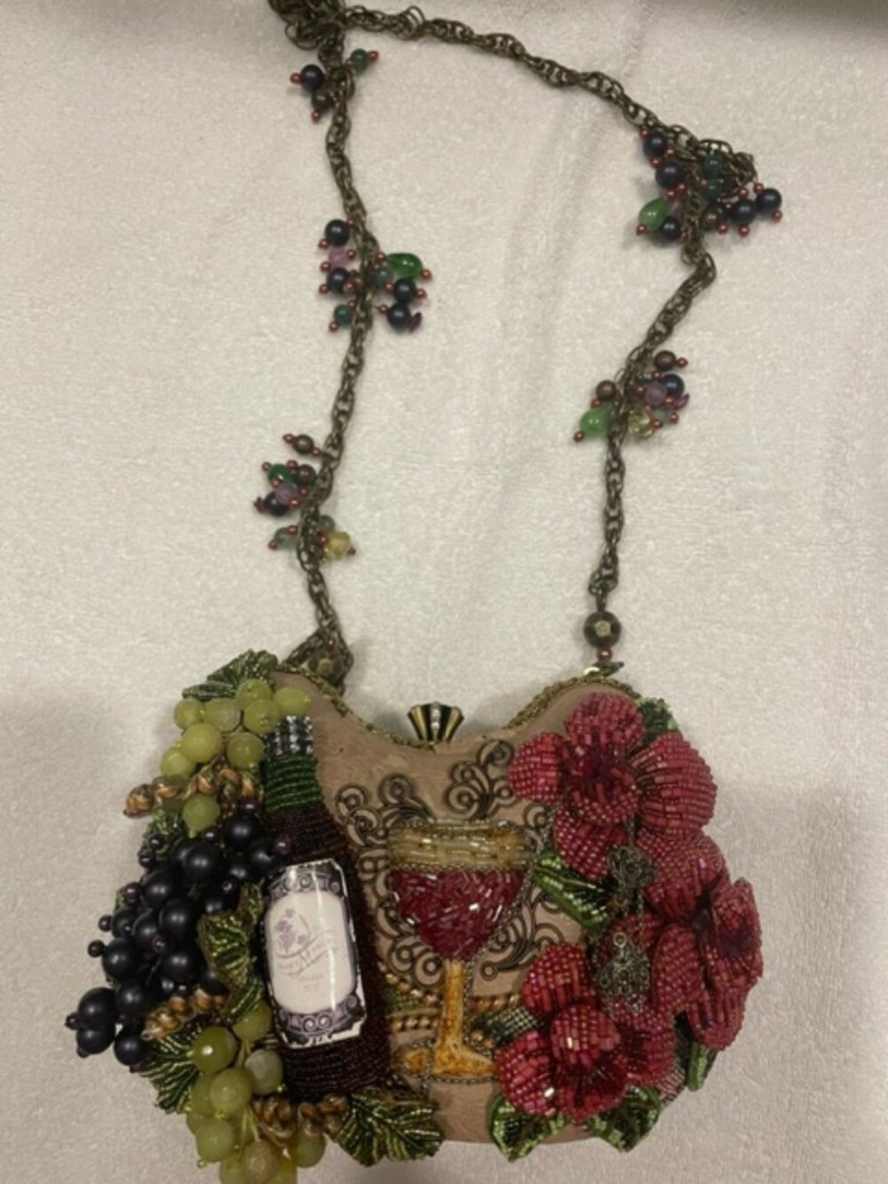 Mary Frances wine themed mini bag. grapes,flowers, wine bottle, wine glass